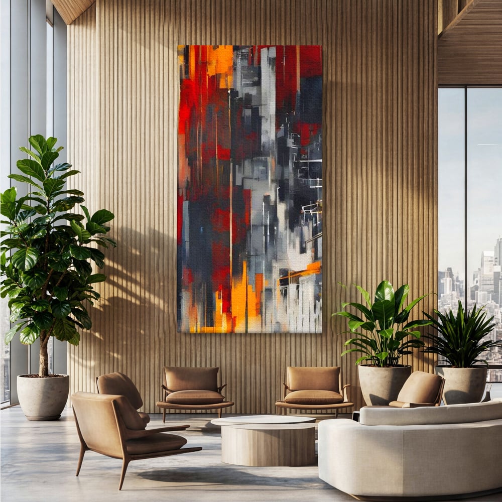 Tablou canvas cu pictura abstracta verticala cu linii urbane, fara rama, pe sasiu de lemn, pe perete intr-un birou